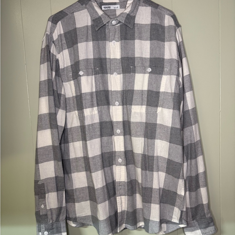 Sonoma Gray and White Plaid Button-Down Shirt
